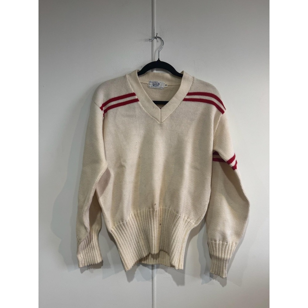 Vintage New Era Sportswear Sweater Mens Large White Red Wool Striped 50s 60s
